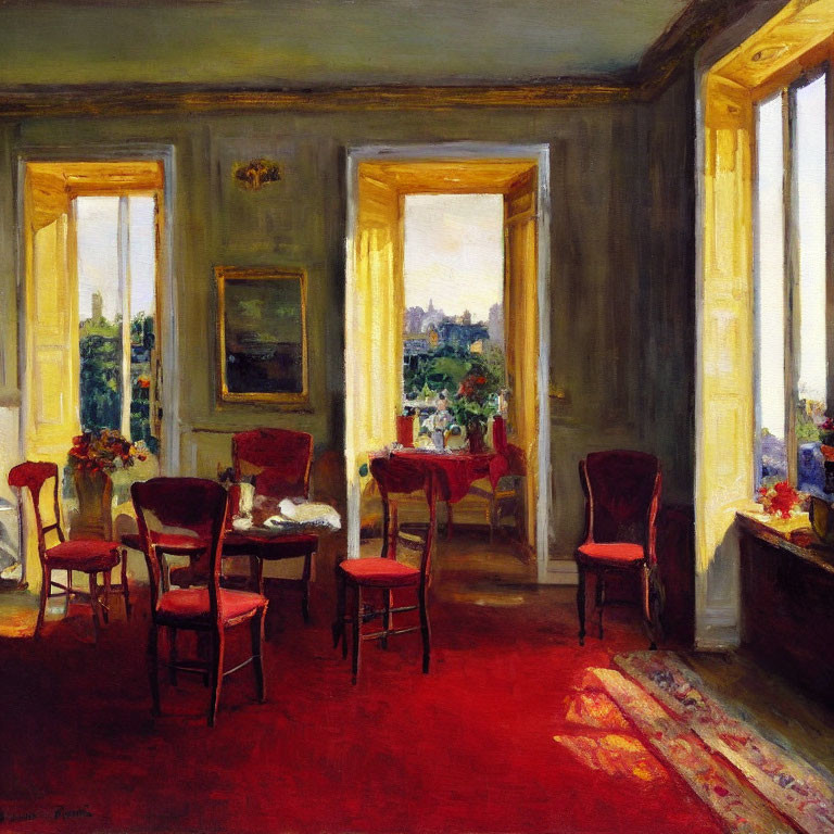 Warm-Toned Room with Red Chairs, City View Window, Floral Arrangements