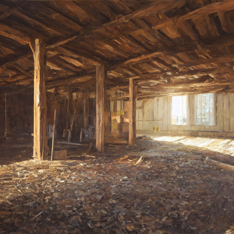 Sunlit wooden barn with hay-covered floor and rustic beams