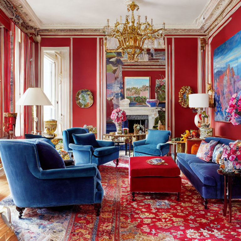 Luxurious Living Room with Red Walls, Gold Trim, Velvet Chairs, Chandelier, Artwork,