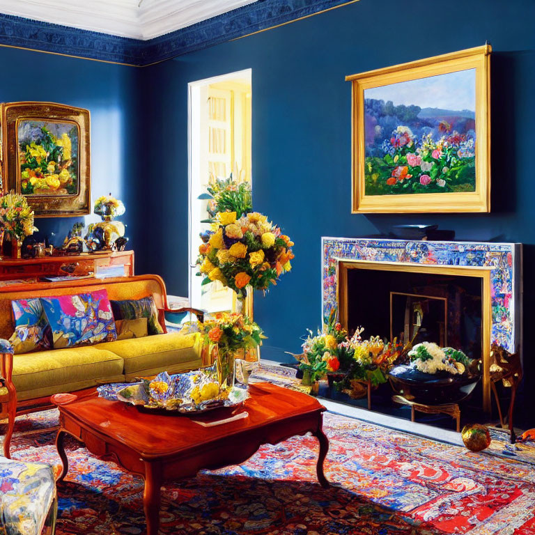 Sophisticated living room with blue walls, floral paintings, red coffee table, colorful rug, and