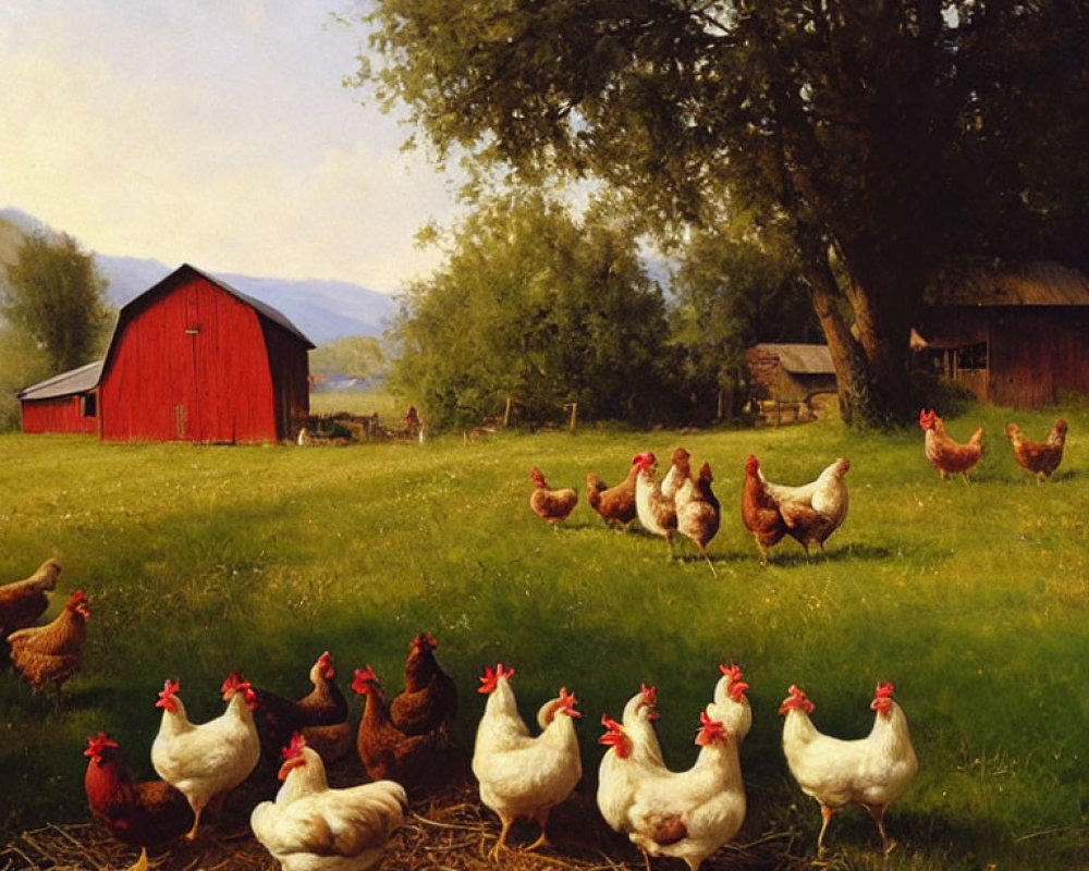 Rustic scene with chickens, red barn, and lush greenery in soft sunlight