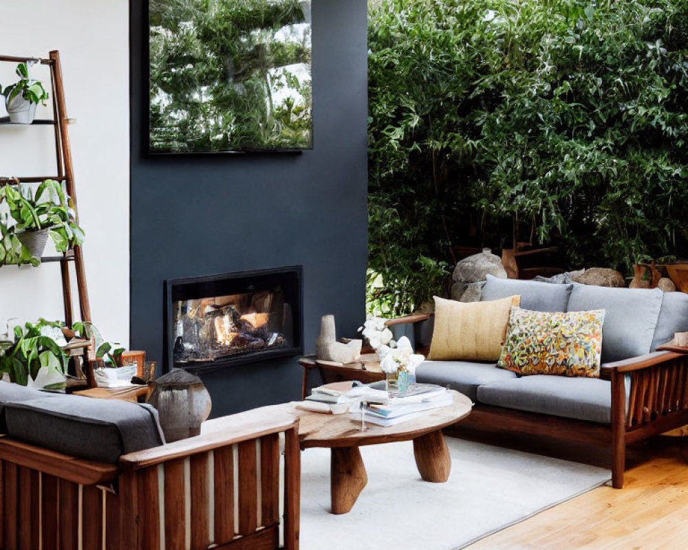 Cozy living room with fireplace, green plants, wooden furniture, and tree view