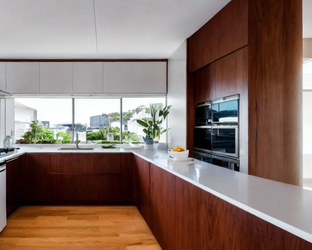 Contemporary Kitchen with Wooden Cabinetry & White Countertops