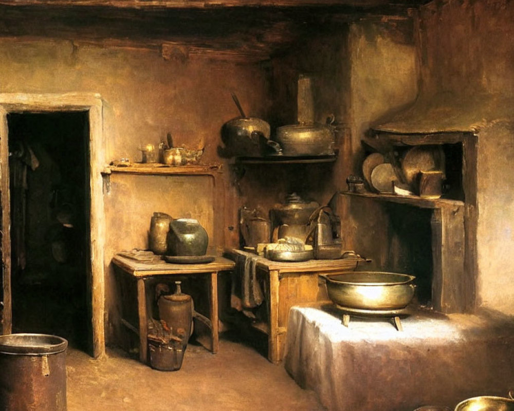 Rustic Kitchen with Wooden Furniture, Pottery, Pans, and Stone Hearth