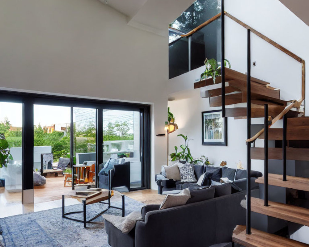 Contemporary living room with dark sofa, wooden staircase, large windows, open floor plan.