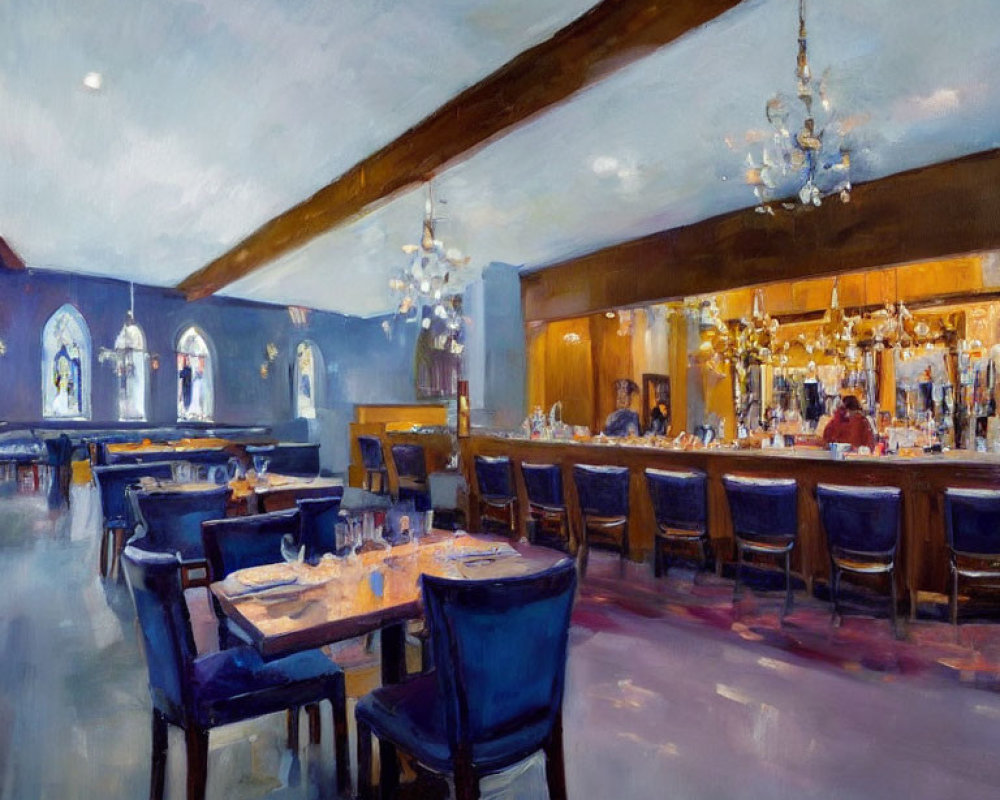 Impressionist painting of elegant restaurant interior with chandeliers, bar area, and blue chairs.