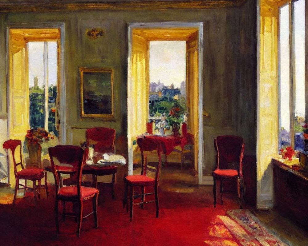 Warm-Toned Room with Red Chairs, City View Window, Floral Arrangements