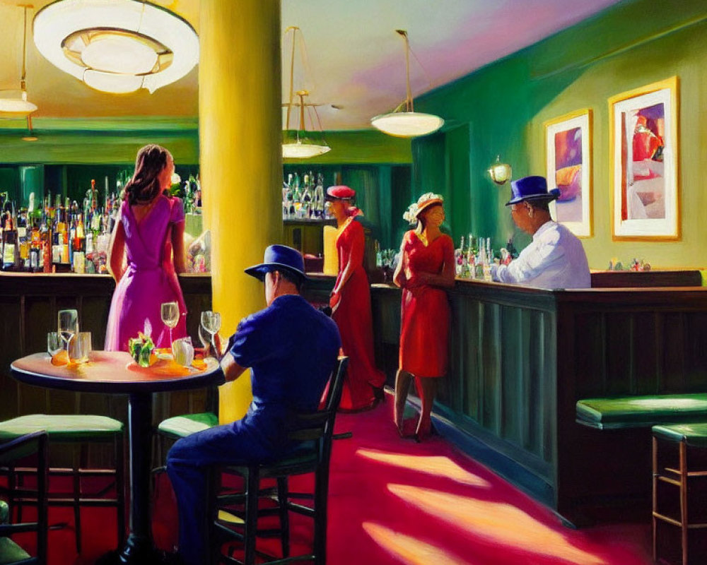 Colorful Retro Bar Scene: Stylishly Dressed Men and Women Socializing