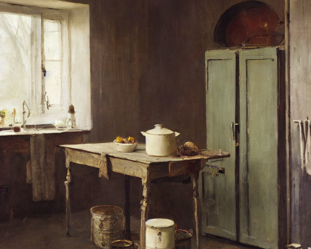 Rustic kitchen scene with worn furniture, cooking pots, wooden table, fruit, and daylight window