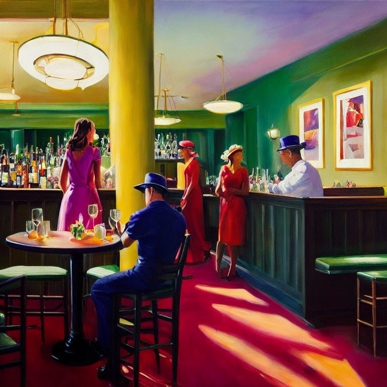 Colorful Retro Bar Scene: Stylishly Dressed Men and Women Socializing