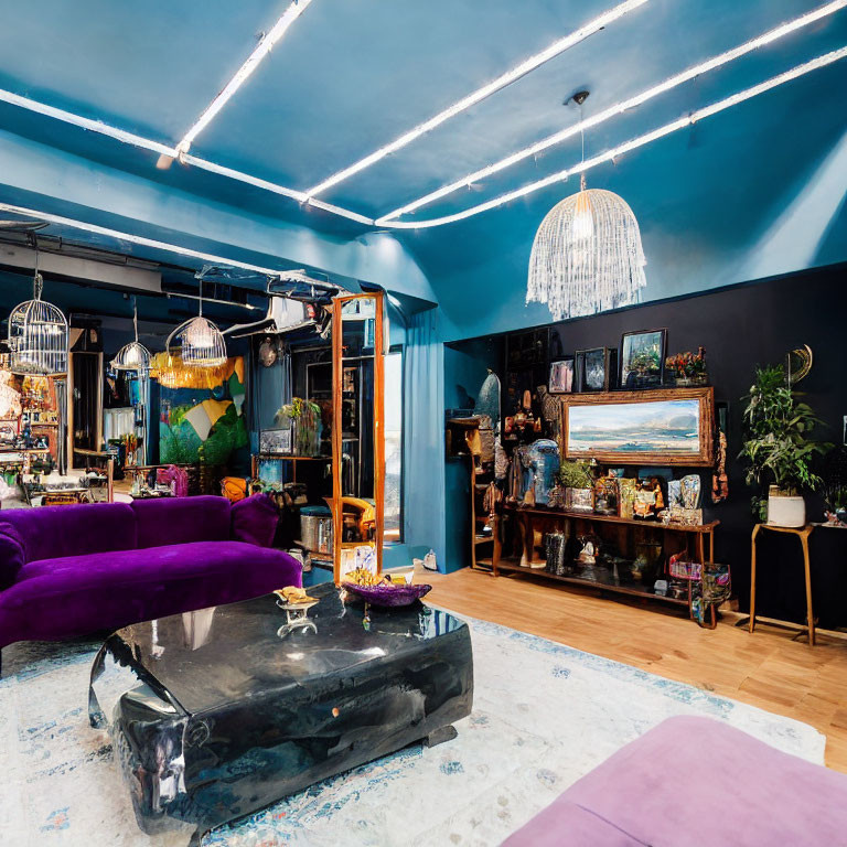 Eclectic living room with purple sofa, metallic coffee table, and neon blue ceiling.