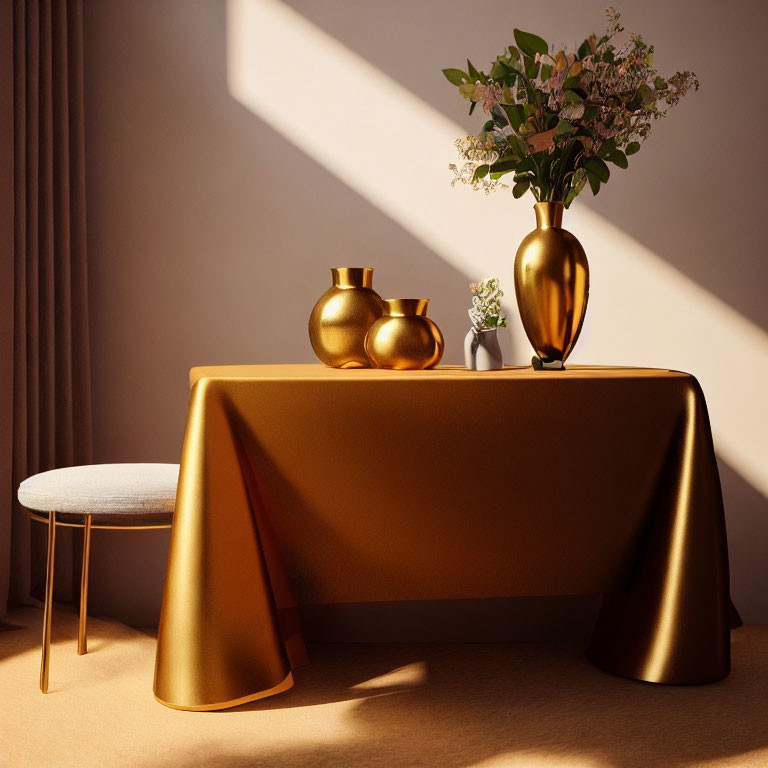 Luxurious Interior Decor with Gold Table, Vases, Flowers, and Bench