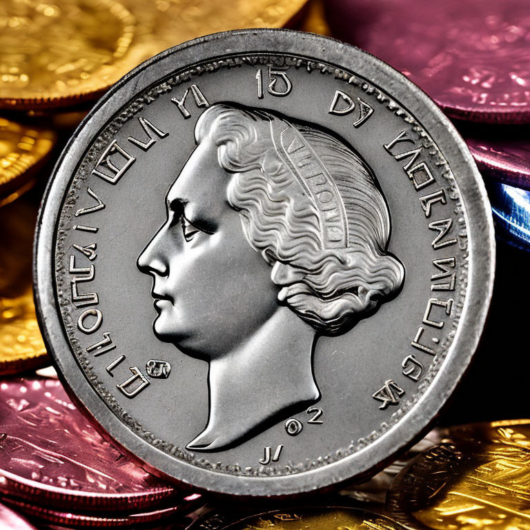 Detailed close-up of historical figure profile on colorful coin array