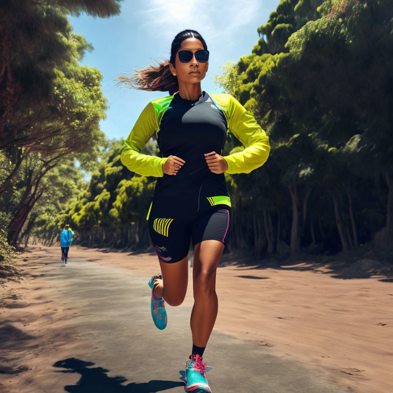 Two runners on forest trail: woman in sportswear and sunglasses running, with another runner in background