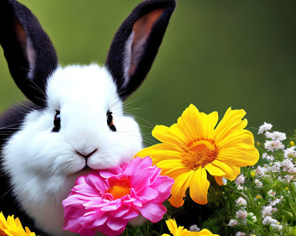 Monochrome Rabbit with Large Ears Among Colorful Flowers on Green Background