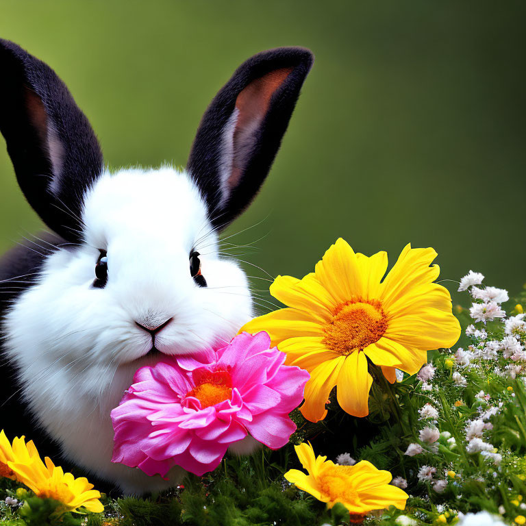 Monochrome Rabbit with Large Ears Among Colorful Flowers on Green Background