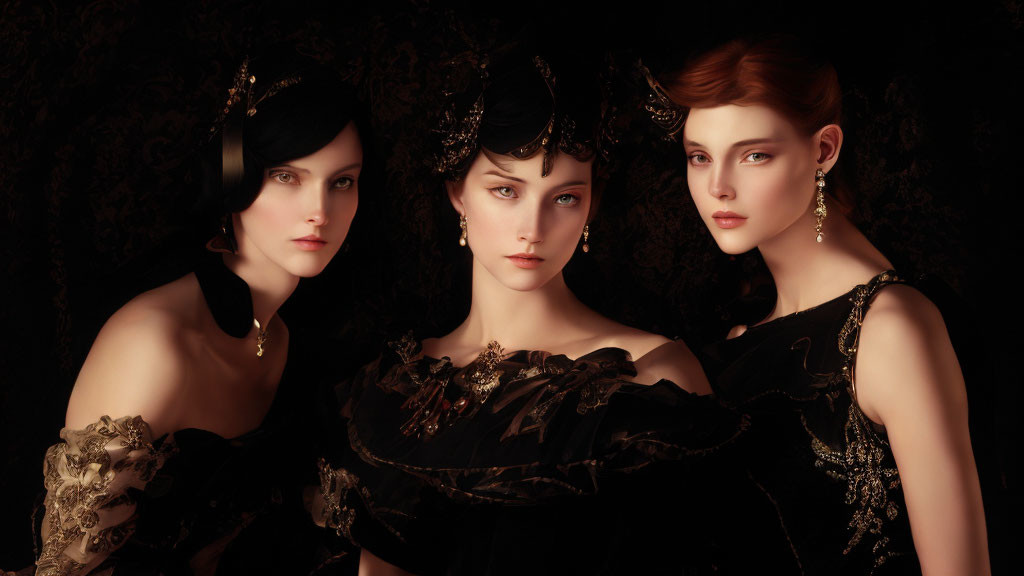 Three Women in Vintage-Inspired Attire on Dark Patterned Background