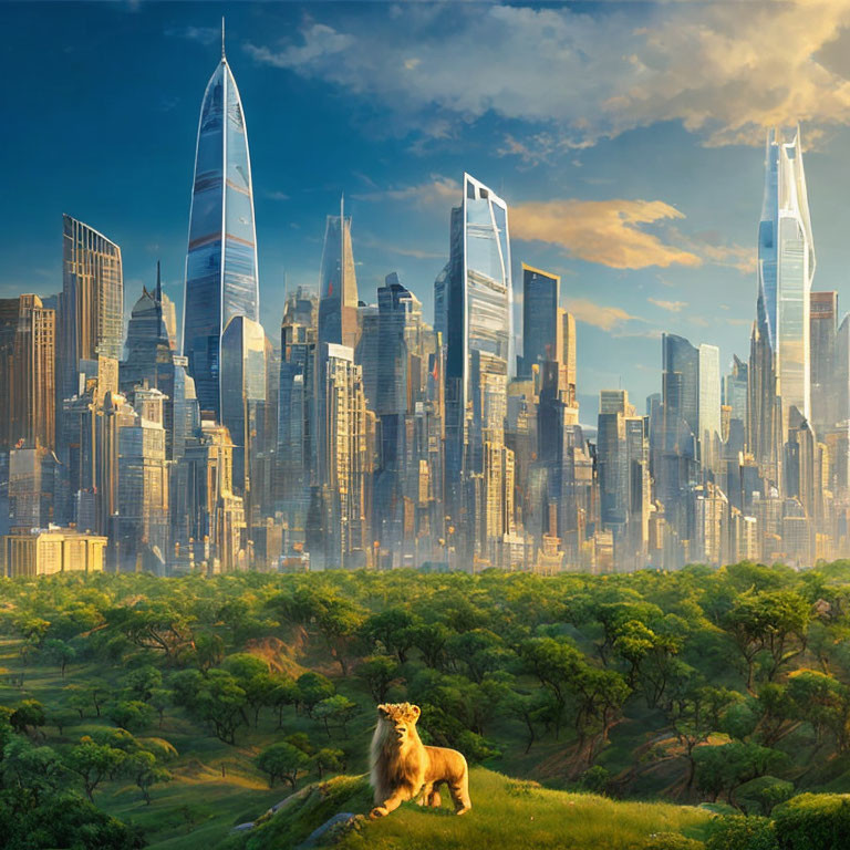 Lion on grassy hill with futuristic cityscape background