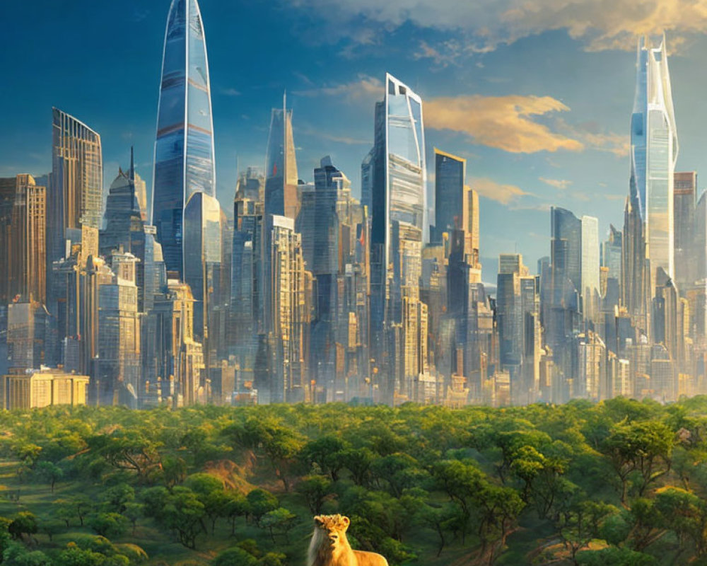 Lion on grassy hill with futuristic cityscape background