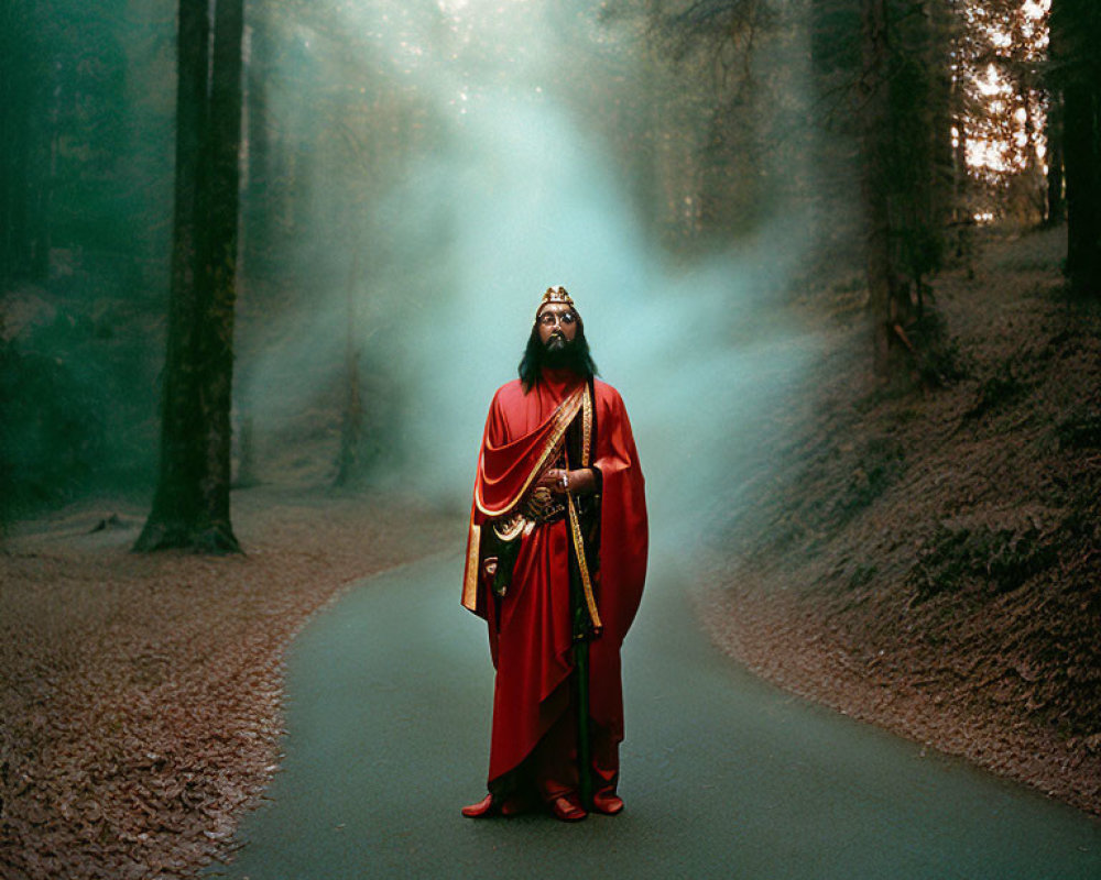 Regal figure in ornate robes and crown on forest path with ethereal light.