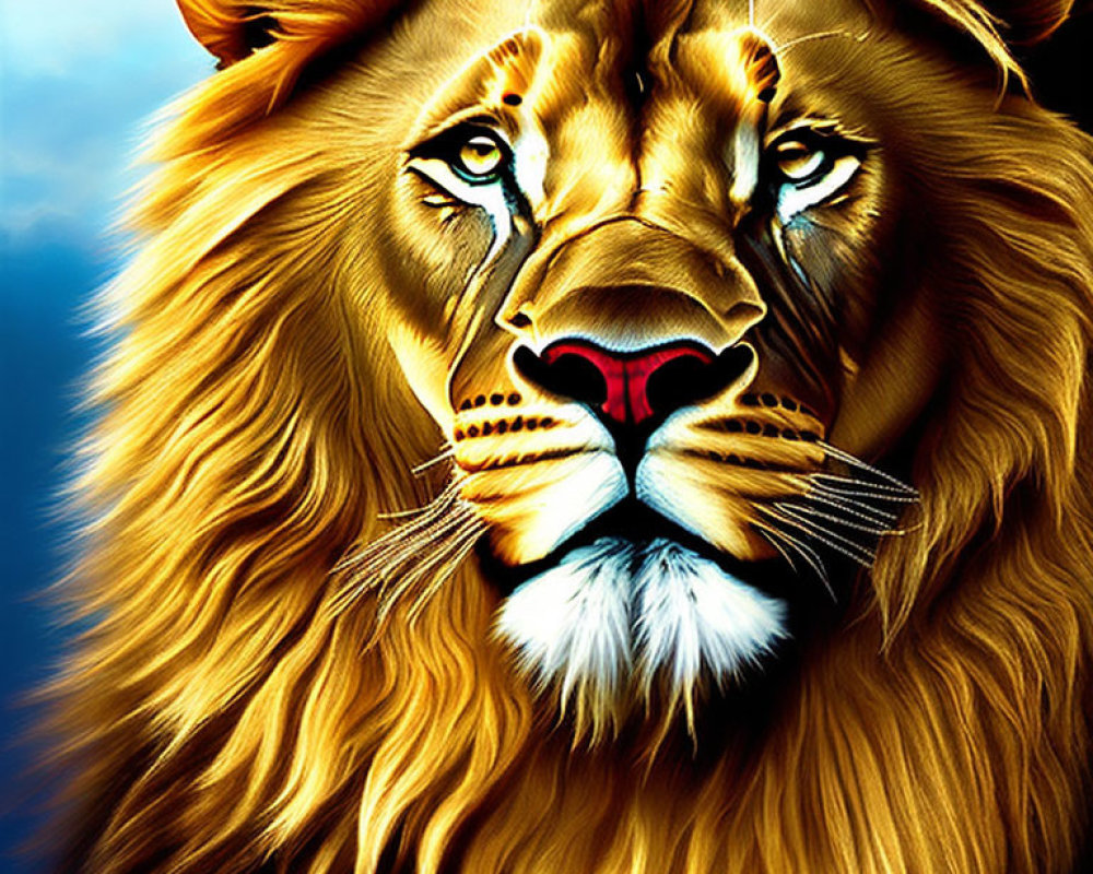 Vibrant lion face illustration on blue background
