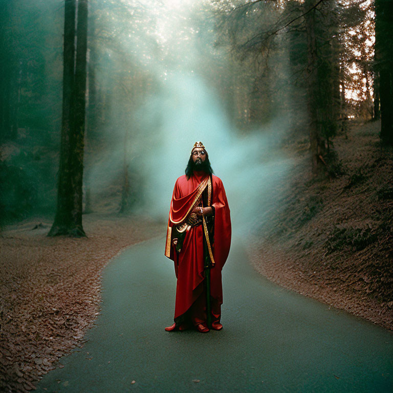 Regal figure in ornate robes and crown on forest path with ethereal light.