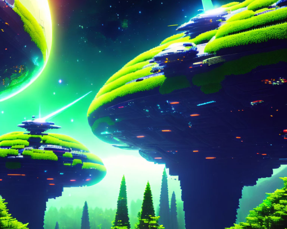 Lush green floating islands under starry sky with distant planet