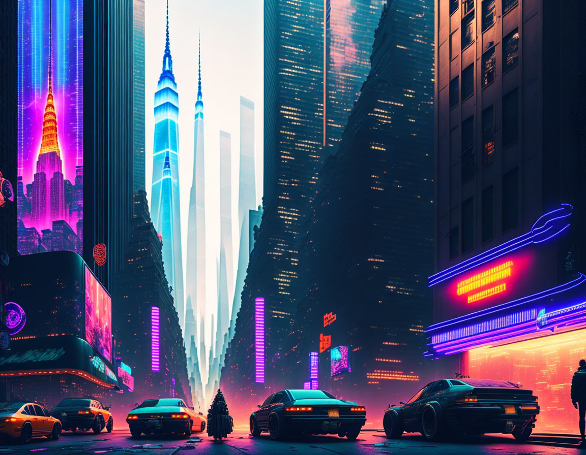 Futuristic cityscape with neon lights, skyscrapers, holographic adverts, and flying cars