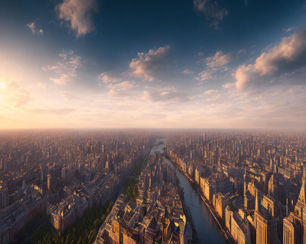 Cityscape at Sunset with River and Skyscrapers Amid Dramatic Sky