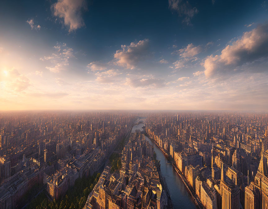 Cityscape at Sunset with River and Skyscrapers Amid Dramatic Sky