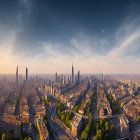 Cityscape at Sunset with River and Skyscrapers Amid Dramatic Sky