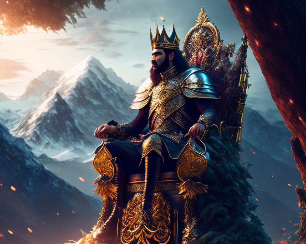 Regal king in ornate armor on grand throne under tree with mountains in background