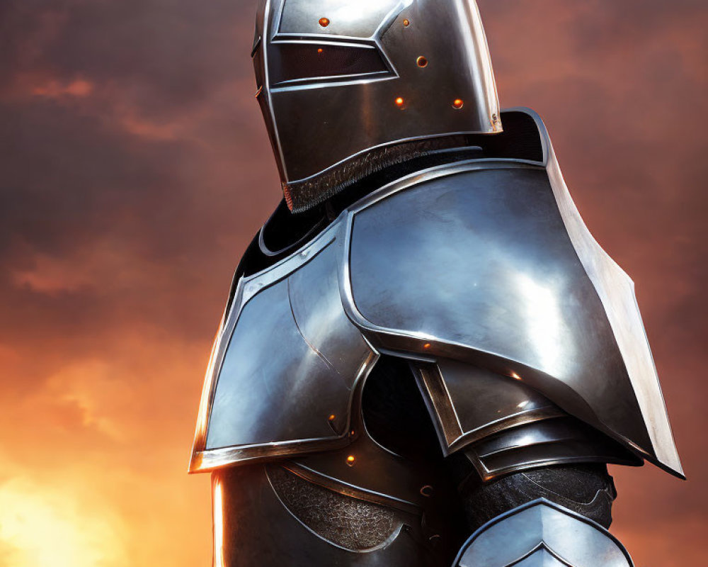 Knight in Shining Armor Against Fiery Sunset Sky