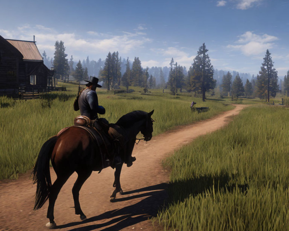 Horseback Rider on Dirt Path Through Rural Landscape