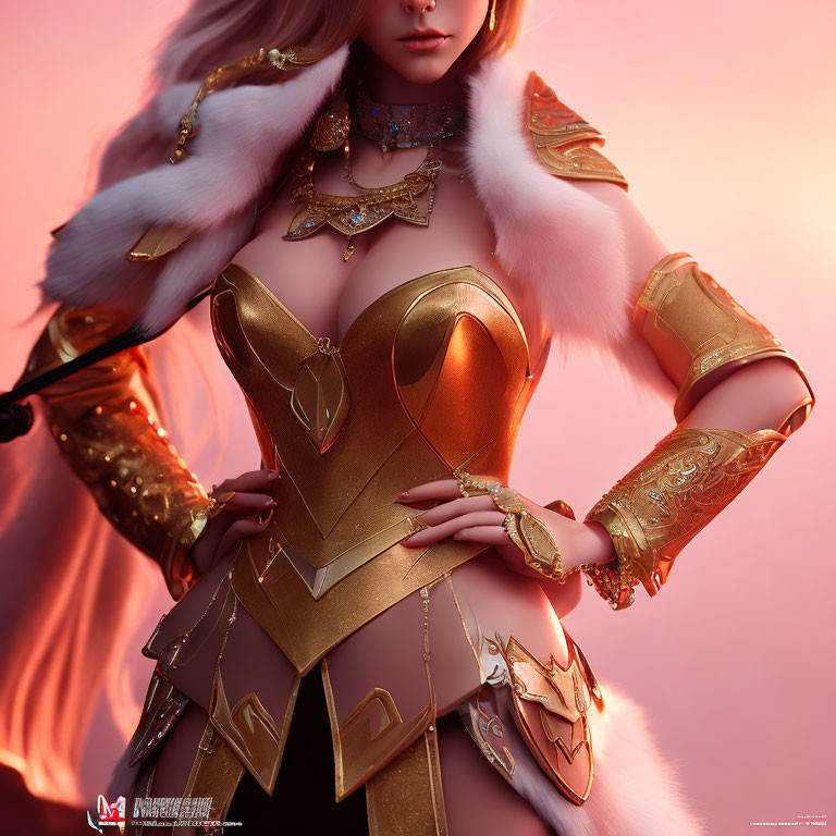 Female character in golden fantasy armor with fur accents and elaborate jewelry on pink background