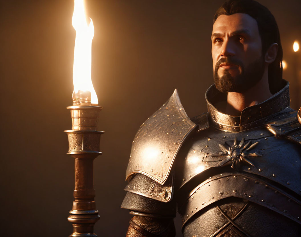 Knight in shining armor next to burning torch in dimly lit scene