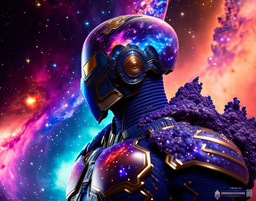 Blue-armored astronaut in reflective helmet against cosmic background