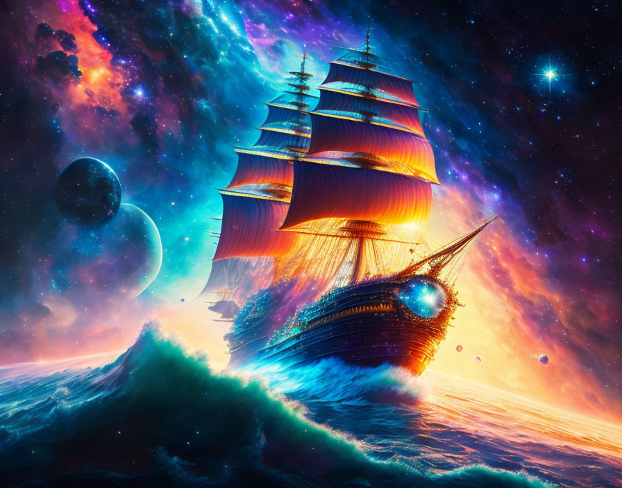 Majestic sailing ship with glowing sails in vibrant space scene