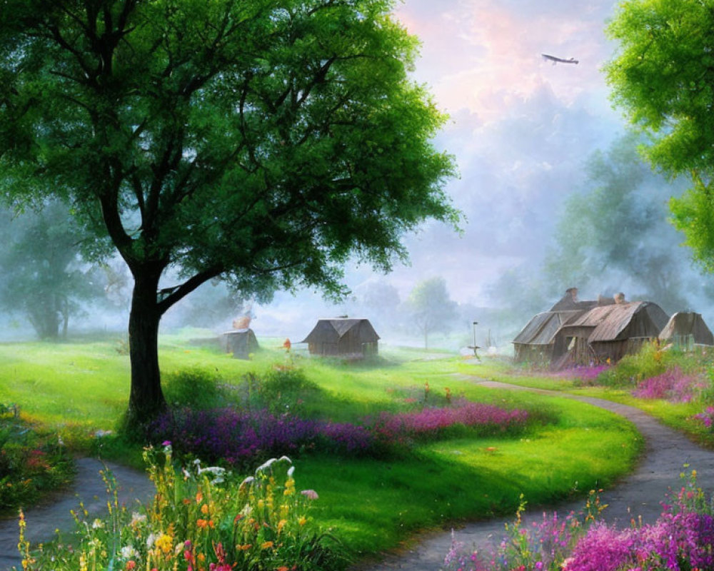 Tranquil rural landscape with winding path, thatched cottages, vibrant flowers, lush tree,