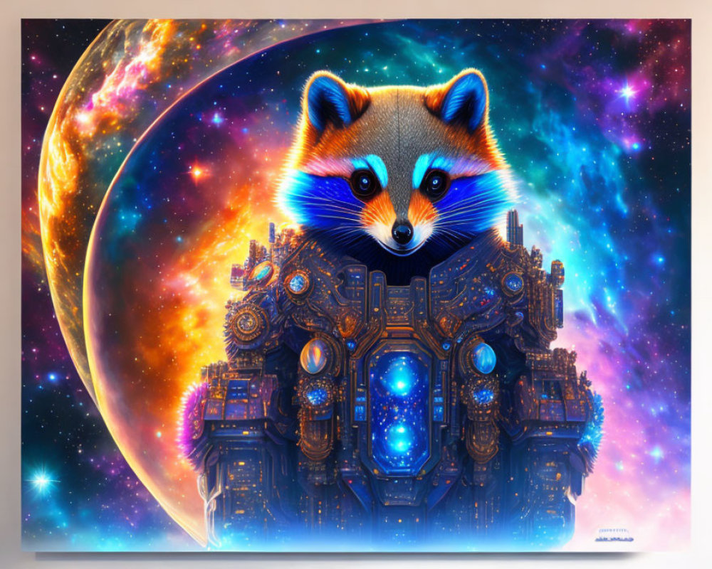 Colorful digital art: raccoon head on mechanical body in cosmic setting