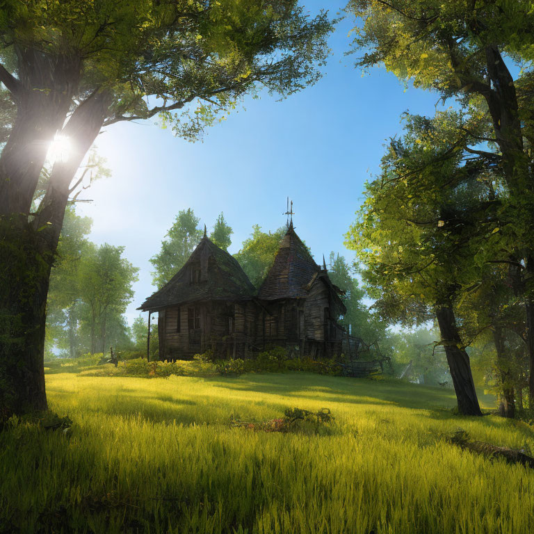 Rustic wooden cabin in lush green clearing under warm sunlight