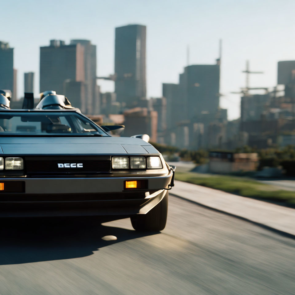 Vintage car driving in city with skyscrapers, blurred background.