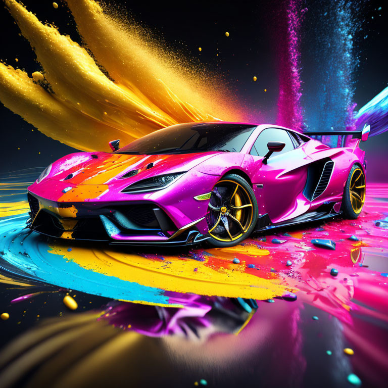 Colorful Purple Sports Car Artwork on Cosmic Black Background