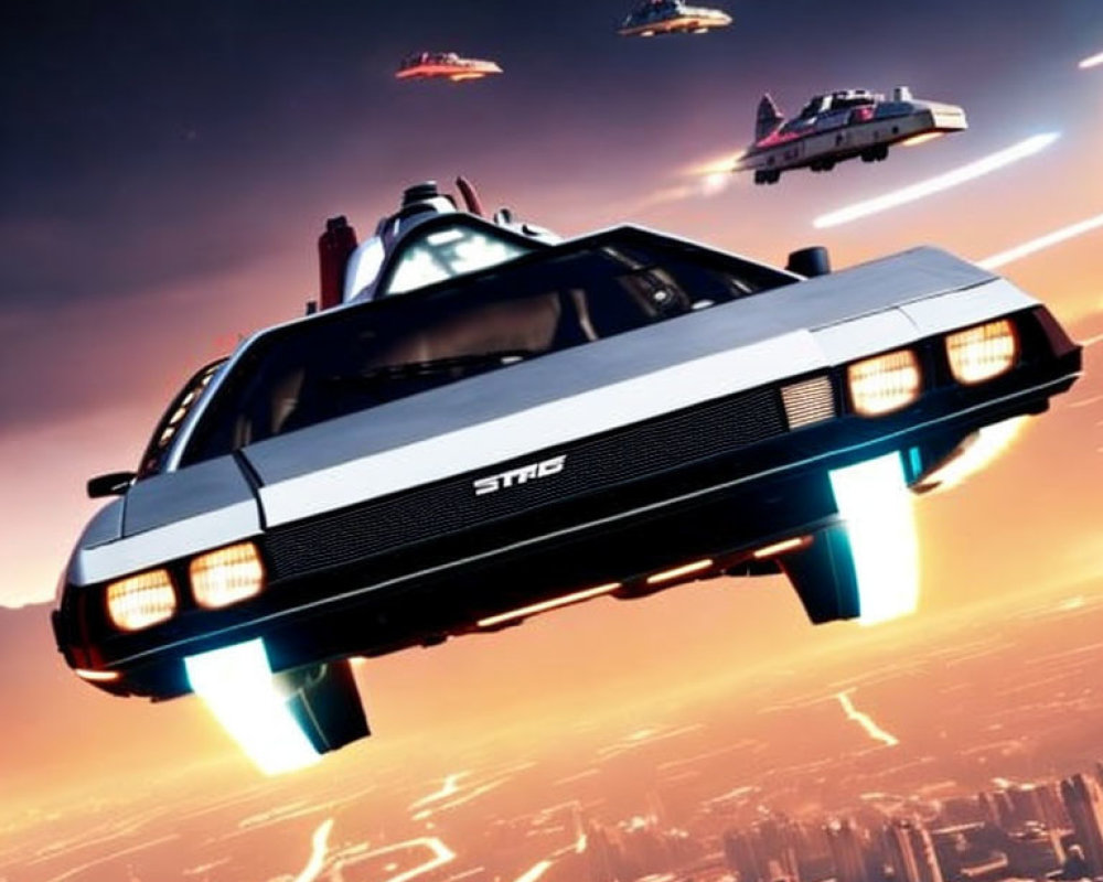 Futuristic flying car with blue thrusters over cityscape at sunset