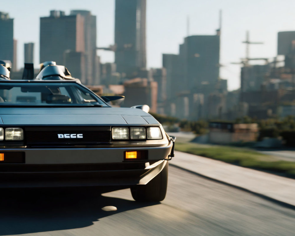 Vintage car driving in city with skyscrapers, blurred background.