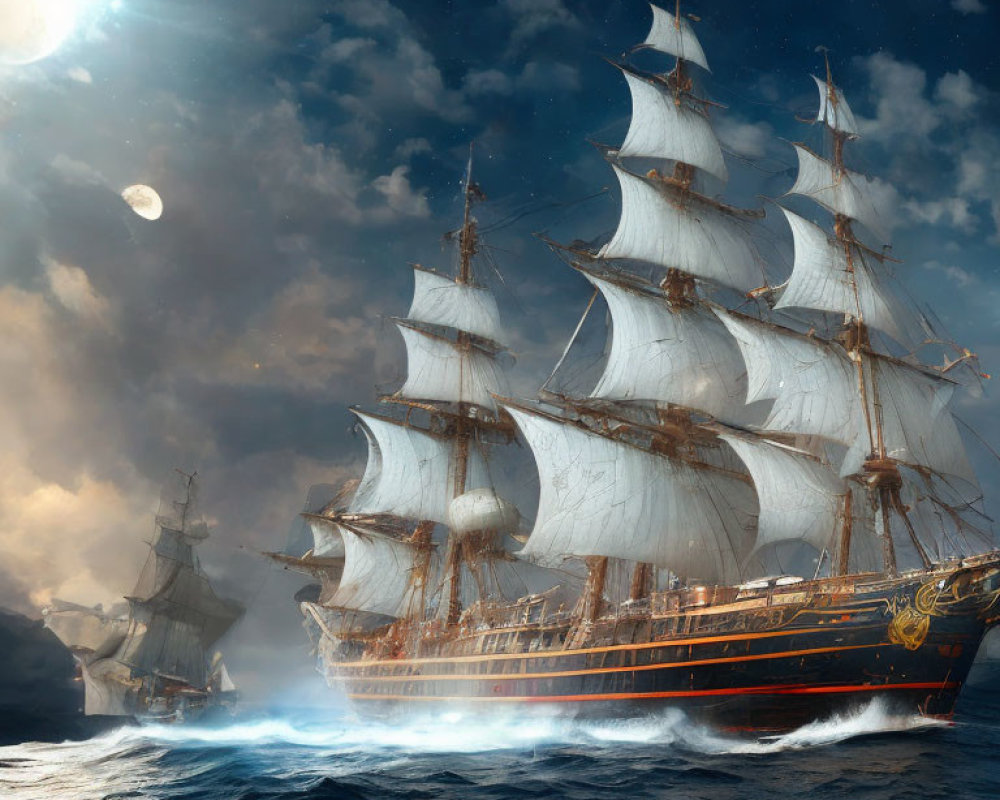 Majestic sailing ships with full white sails on choppy blue waters under dramatic sky.