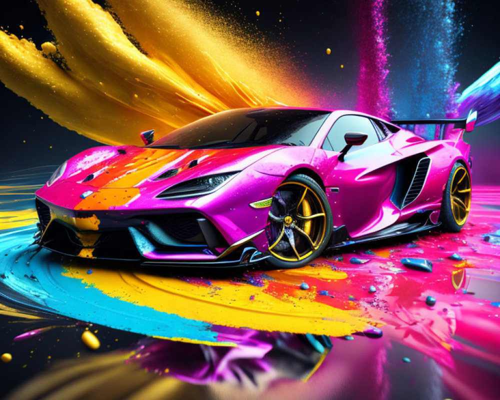 Colorful Purple Sports Car Artwork on Cosmic Black Background