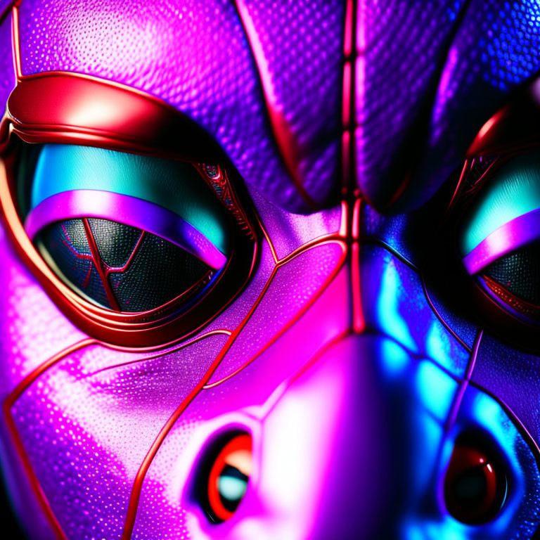 Vibrant metallic Spider-Man mask with detailed textures and reflective lighting