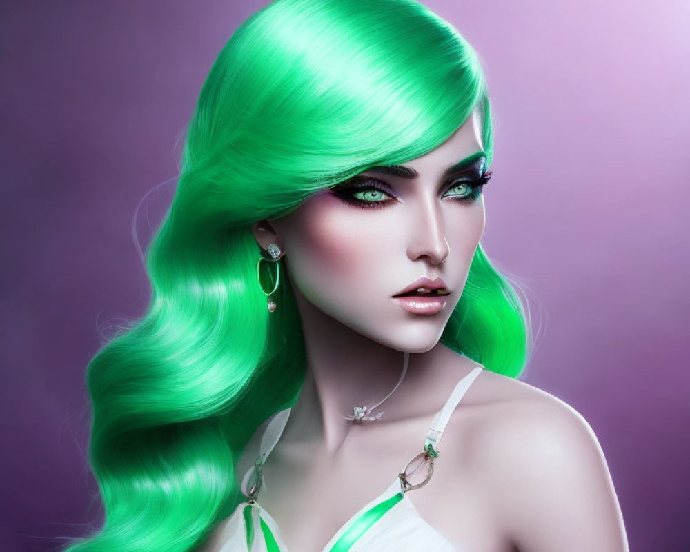 Woman with Striking Green Hair and Eyes on Purple Background in White and Green Attire