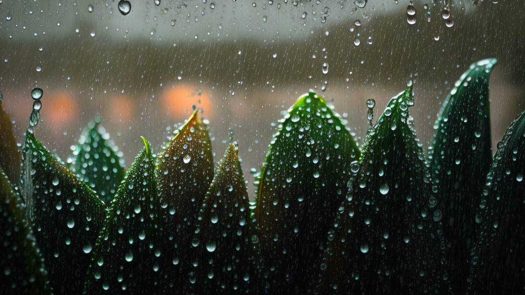 Raindrops on vibrant green leaves against blurred background with warm lights.